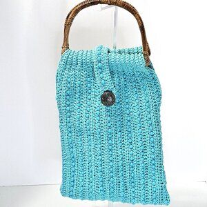 Crochet Beaded Aqua (Seabreeze) Tote/Purse with Bamboo Handles
